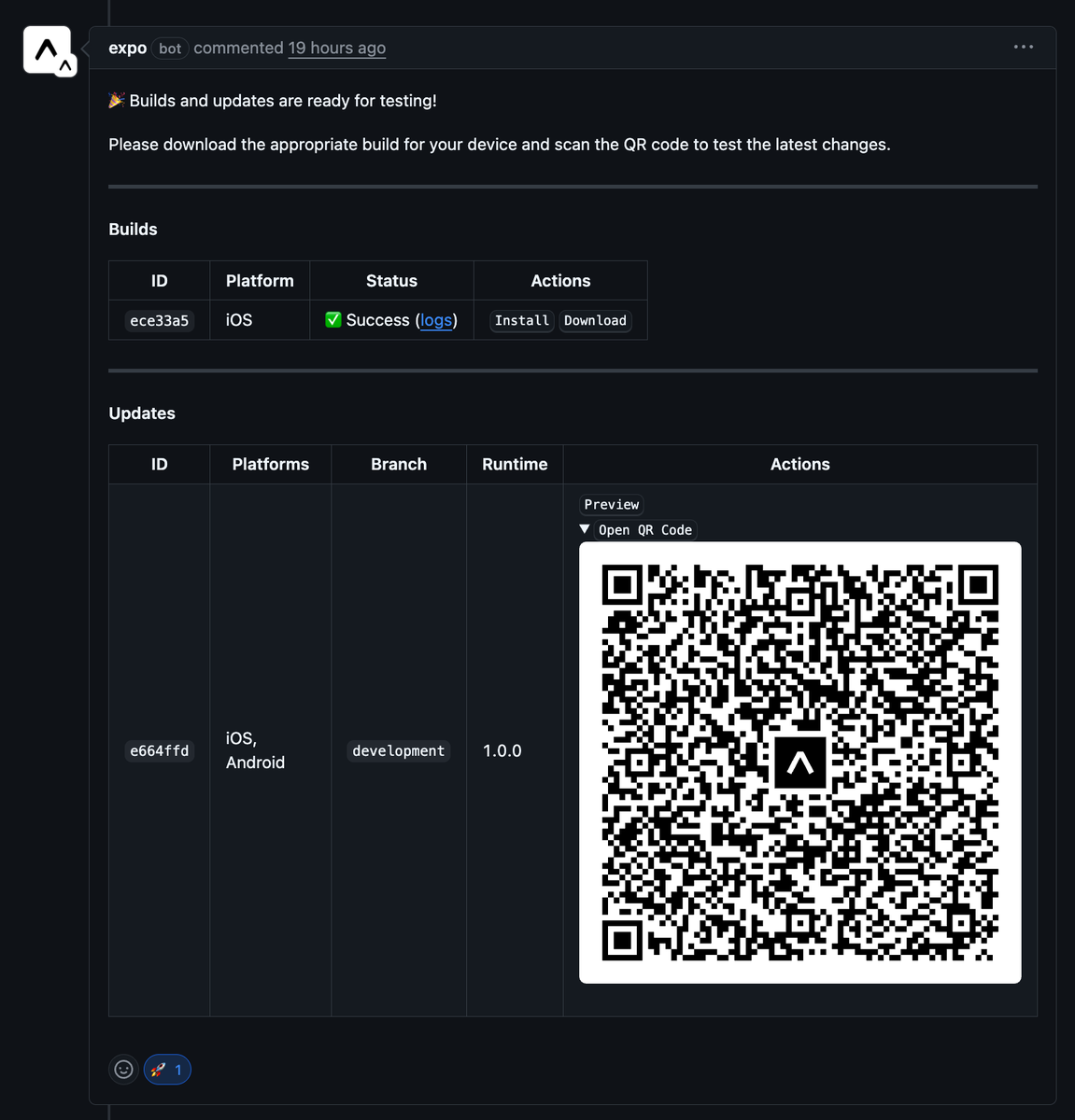 expo_devlog's tweet photo. We now have a "Github Comment" workflow - especially handy for sharing the new updates and builds for PR previews https://t.co/JFyb8I3BAS https://t.co/0et9oyAWcC