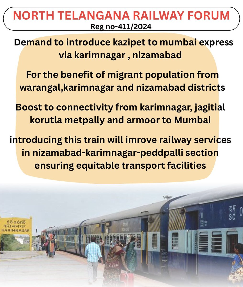 కాజీపేట్ నుండి ముంబైకి కొత్త రైలు ప్రవేశపెట్టడం వలన వరంగల్, కరీంనగర్ మరియు నిజామాబాద్ ఉమ్మడి జిల్లాల నుండి ముంబైలో ఉన్న వలస కార్మికులకు ఎంతో ఉపయోగకరంగా ఉంటుంది. అలాగే ఇది నిజామాబాద్–పెద్దపల్లి సెక్షన్లో రైలు సౌకర్యాలను కూడా మెరుగుపరుస్తుంది
<a href="/SCRailwayIndia/">South Central Railway</a> <a href="/drmsecunderabad/">DRM Secunderabad</a>