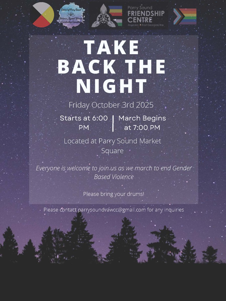 PSDSSAB - District of Parry Sound Social Services (@psdssab) on Twitter photo Join us on Friday, Oct 3rd at Parry Sound Market Square as we come together to end gender-based violence in our community.
🕕 Event starts at 6:00 PM
🚶 March begins at 7:00 PM
For more information, please contact parrysoundvawcc@gmail.com Join us on Friday, Oct 3rd at Parry Sound Market Square as we come together to end gender-based violence in our community.
🕕 Event starts at 6:00 PM
🚶 March begins at 7:00 PM
For more information, please contact parrysoundvawcc@gmail.com