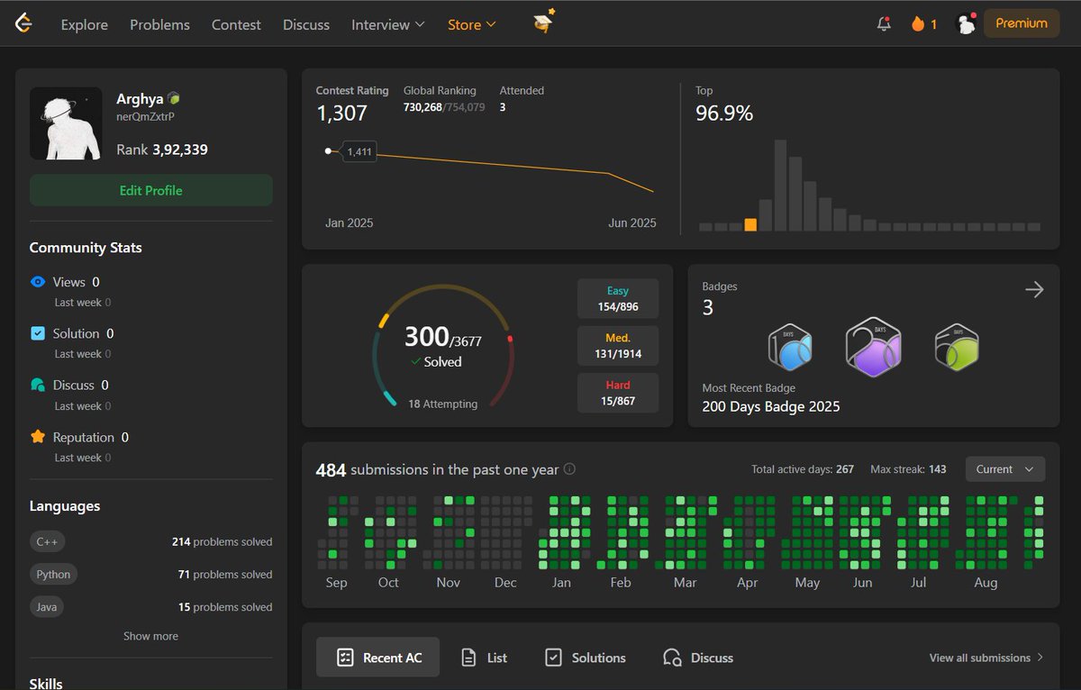 arghyapal07's tweet image. Chat, can this be considered an achievement?
Anyways, 300 problems done on LeetCode.
#CodingJourney #LeetCode300 #Developer