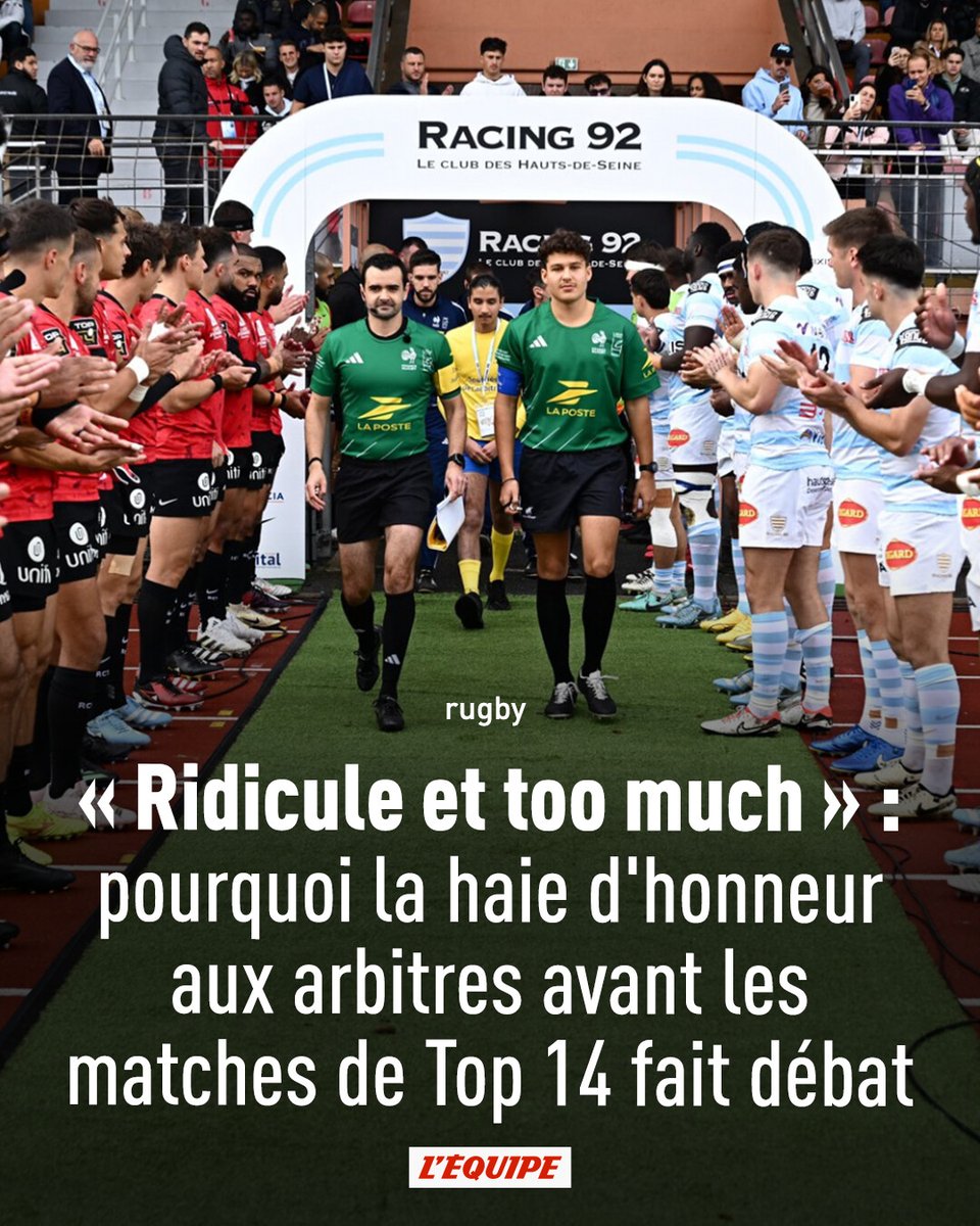 La LNR a décidé d'instaurer une haie d'honneur pour accueillir les arbitres avant chaque match de Top 14, pour « mieux valoriser les acteurs du jeu ». Une nouveauté qui ne met pas très à l'aise les intéressés

➡️ l.lequipe.fr/1ug