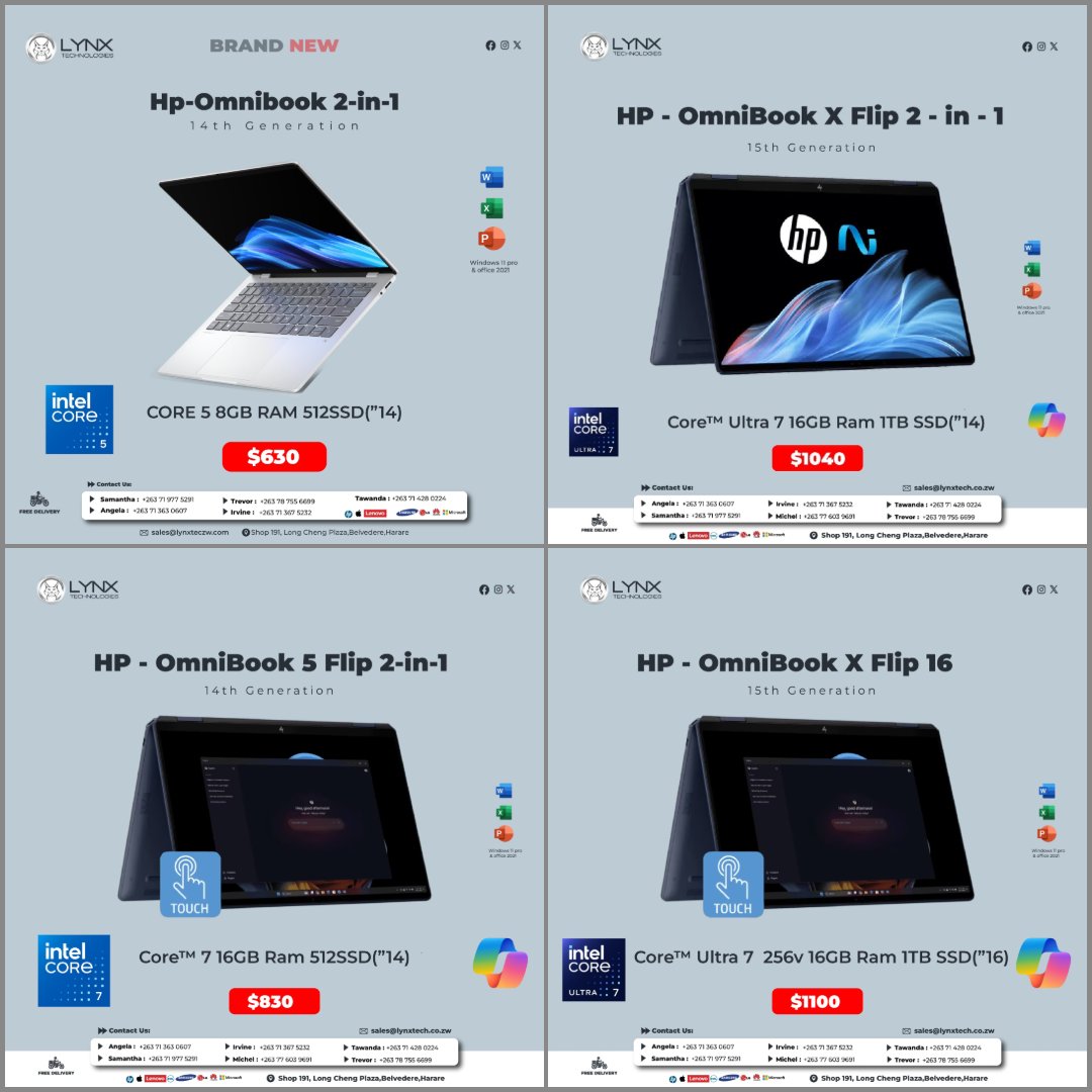 lynxtechsales's tweet image. HP OMNIBOOK FLIP 2025 LAPTOP SERIES

The Latest HP Omnibook Flip Series is rewriting the rules of computing in 2025.

These Next Gen AI PC Models are replacing the HP Envy x360, HP Pavilion x360, Hp Spectre x360.

#hpomnibook #latestmodel #2025laptop #new #LynxTechnologiesZw