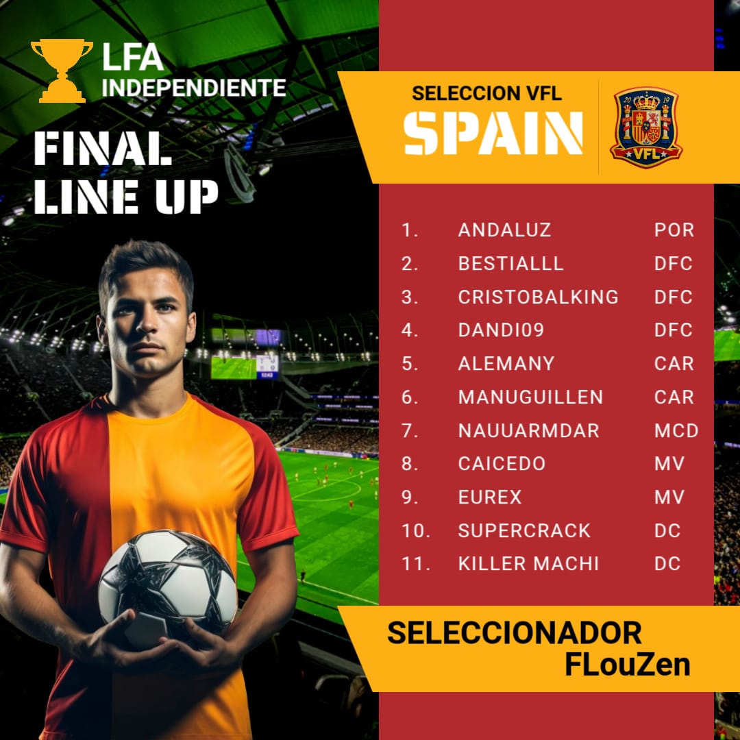 Aquí tenemos nuestro 11 para jugar la gran final de la liga <a href="/LFA_I_I/">LFA INTERNATIONAL INDEPENDENT / Growth League</a>  hoy tenemos a nuestro caster <a href="/SamaSlowpoke/">SlowpokeSama</a> donde retransmitirá la gran final contra Japón vamos a por ellos  ESPAÑA