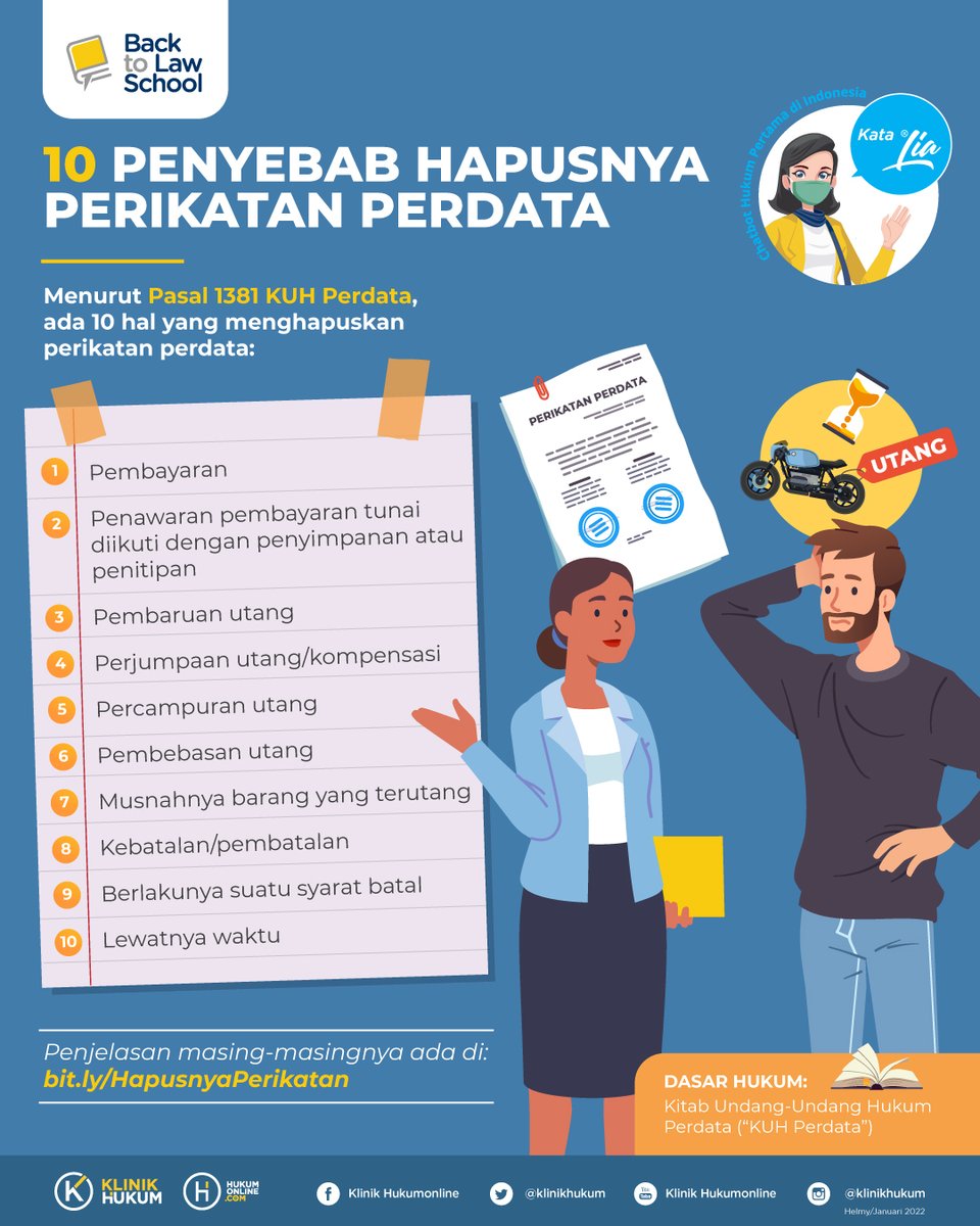 klinikhukum's tweet photo. Menurut Pasal 1381 KUH Perdata ada 10 hal yang menghapuskan perikatan perdata. Apa saja itu? Yuk cari tahu pada infografis berikut!

Selengkapnya: https://t.co/4D3oKySUnp

#klinikhukum #hukumonline #melekhukum #infografishukum #perikatan #kuhperdata #perdata https://t.co/VsL5jc012z