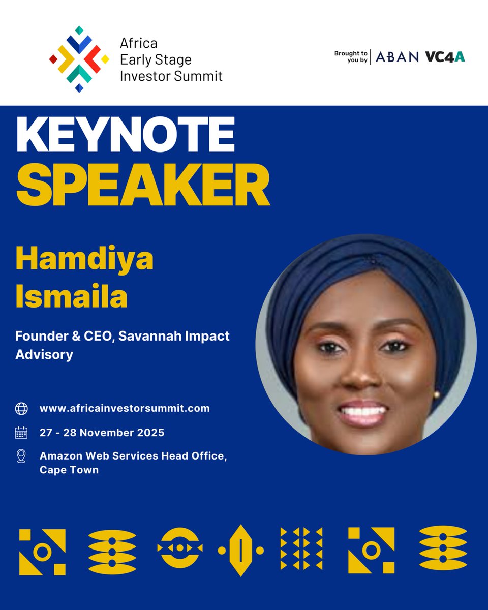 Hamdiya Ismaila is one of the keynote speakers at #AESIS2025 in Cape Town!

Founder &amp; CEO, Savannah Impact Advisory; champion of impact &amp; gender-lens investing in West Africa.

Register: africainvestorsummit.com

#AESIS2025 #AfricaBuiltToLast #InvestInAfrica #AfricanInnovation