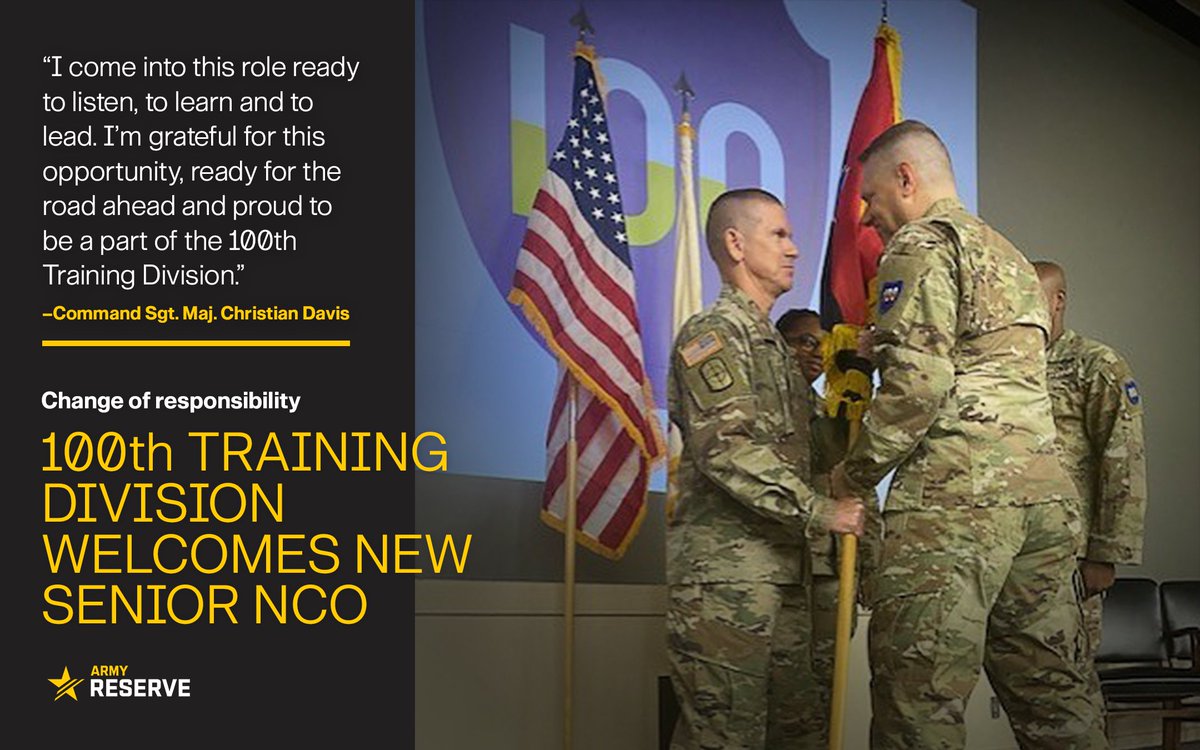 The Army Reserve’s 100th Training Division (Leadership Development) welcomes its new senior noncommissioned officer, Command Sgt. Maj. Christian Davis, in a recent change of responsibility ceremony at Fort Knox, Kentucky.

➡️ spr.ly/6009AD2eh