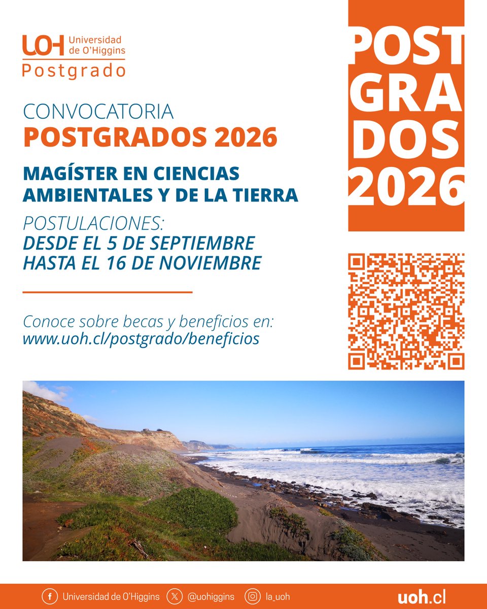 🌍 La UOH abre convocatoria de #Postgrados2026 para el Magíster en Ciencias Ambientales y de la Tierra.
🗓️ Postula del 5 de septiembre al 16 de noviembre.
🔎 Más info sobre becas y beneficios 👉 uoh.cl/postgrado/bene…
