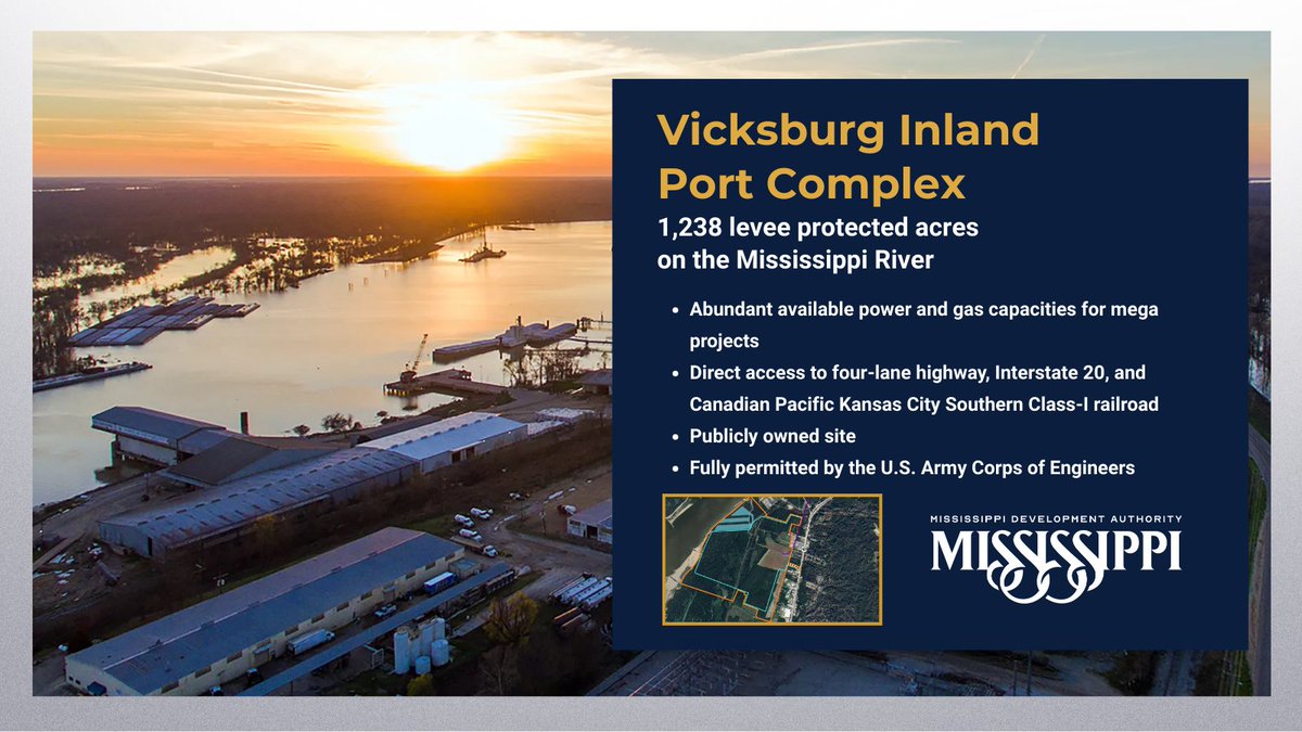 Featured Site: Mississippi River Inland Port Complex

Water to 20 states. Rail across North America. 80% of the U.S. market within 2 days.

Vicksburg delivers global reach along with innovation, history and quality of life.

Explore the site here: bit.ly/4pxRyrZ