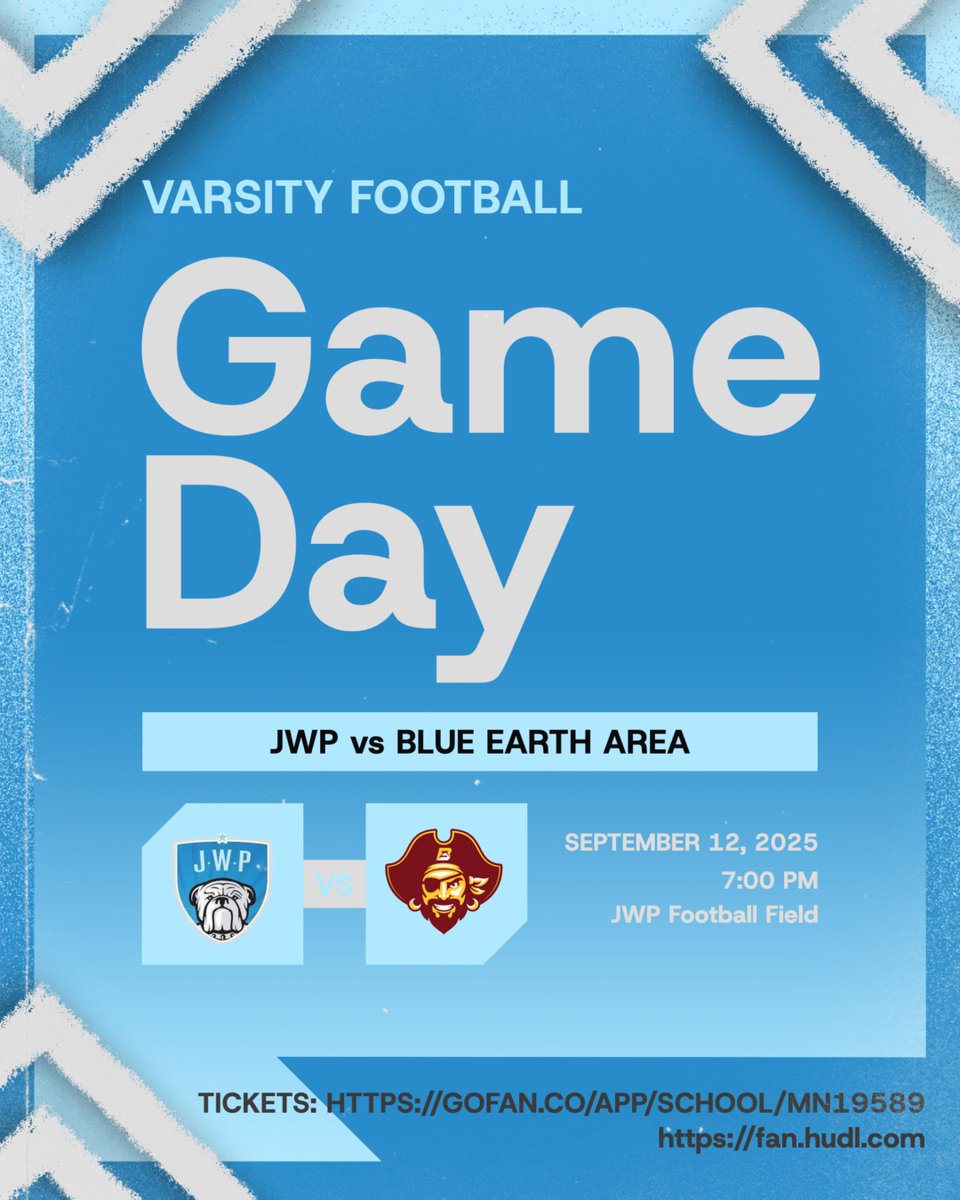 🔥 FRIDAY NIGHT LIGHTS 🔥  

JWP FOOTBALL takes on Blue Earth Area!  

📍 HOME- Football Stadium 
⏰ Kickoff: 7:00

🎟 Tickets: gofan.co/app/school/MN1…
📺 Stream: fan.hudl.com

💥 Let’s light up the field with Bulldog pride!