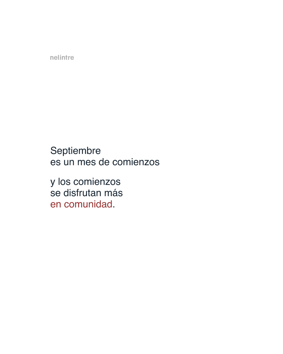 nelintre's tweet photo. Septiembre supone el inicio de un nuevo ciclo.

Es un mes de comienzos, y los comienzos se disfrutan más en comunidad. 

Porque en Nelintre, septiembre es más que un nuevo curso: es un nosotros que sigue creciendo.

https://t.co/5UKfFKMAQV https://t.co/3OFScWBO8I