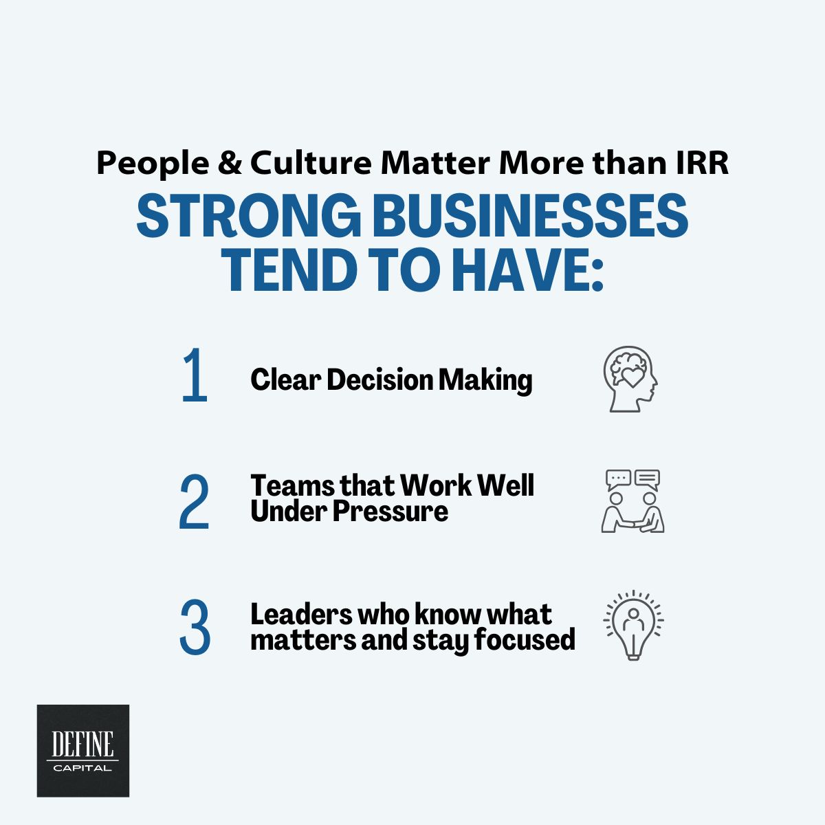 People and culture matter more than IRR‼️ 

Returns matter, but culture drives lasting results. Strong companies have clear decisions, resilient teams, and focused leaders. We spend time understanding how a company works. Culture is the lifeblood, and we work to keep it intact.