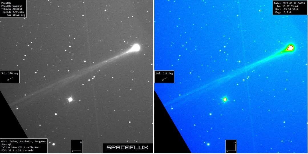 PepeChambo's tweet photo. 🚨Descubrimiento sorpresa
Cometa brillante, en magnitud 7.4 y con cola de  3°‼️
Denominación provisional #SWAN25B.
Se encuentra en Virgo visible antes del amanecer desde el hemisferio sur, desde el norte muy muy bajo.
Imágenes de E.Guido/Spaceflux.
Seguiremos informando... https://t.co/HRoQMdwfJ8