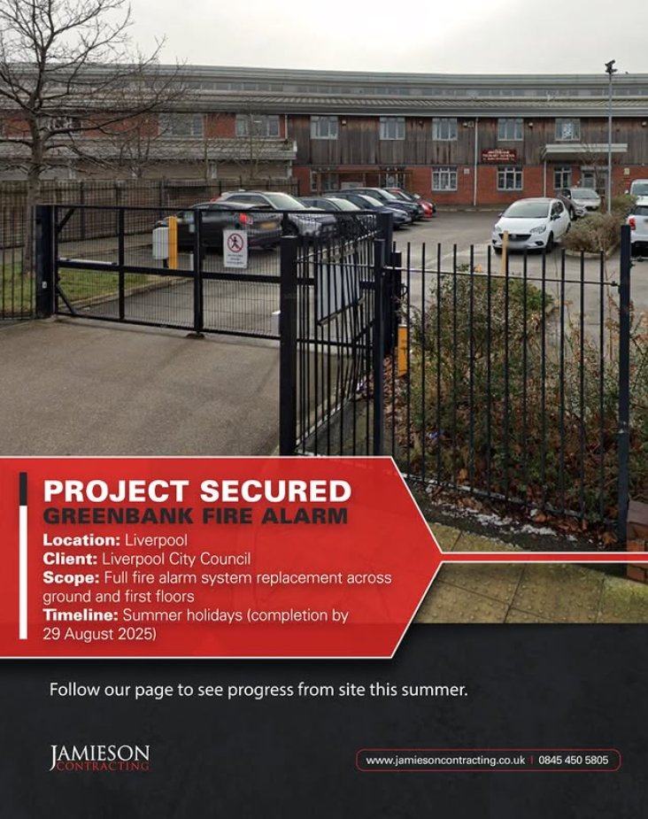JCL have been awarded a full fire alarm upgrade at Greenbank Primary School for Liverpool CC.
The works will take place over the 6-week summer break, with a tight deadline and all the usual logistical challenges of working in an educational setting.
#ProjectSecured #JamiesonWay
