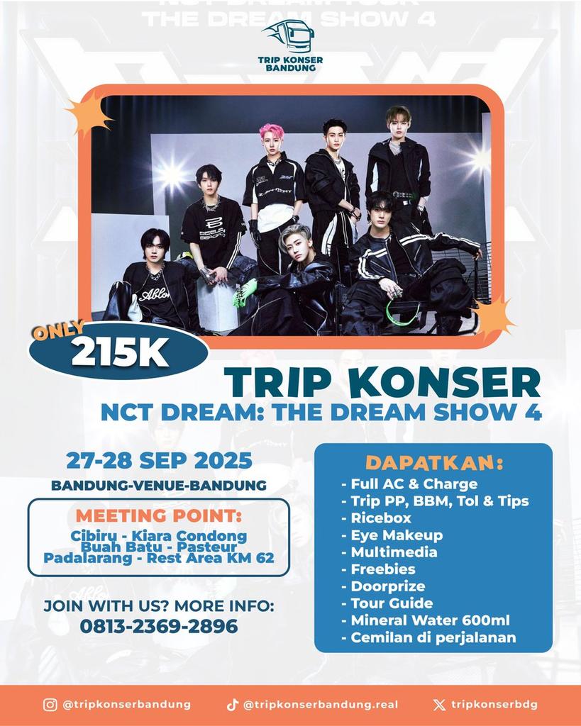OPEN TRIP KONSER THE DREAM SHOW 4 : DREAM THE FUTURE IN JAKARTA
Bandung - JIS - Bandung

Sijeuni dreamzen bandung, yang belum punya temen ngonser atau barengan, Bareng tripkonserbandung aja😻

KITA UDAH 10 BIG BUS!!!! 

Wts wtb trip konser bdg jkt cibiru buah batu pasteur
