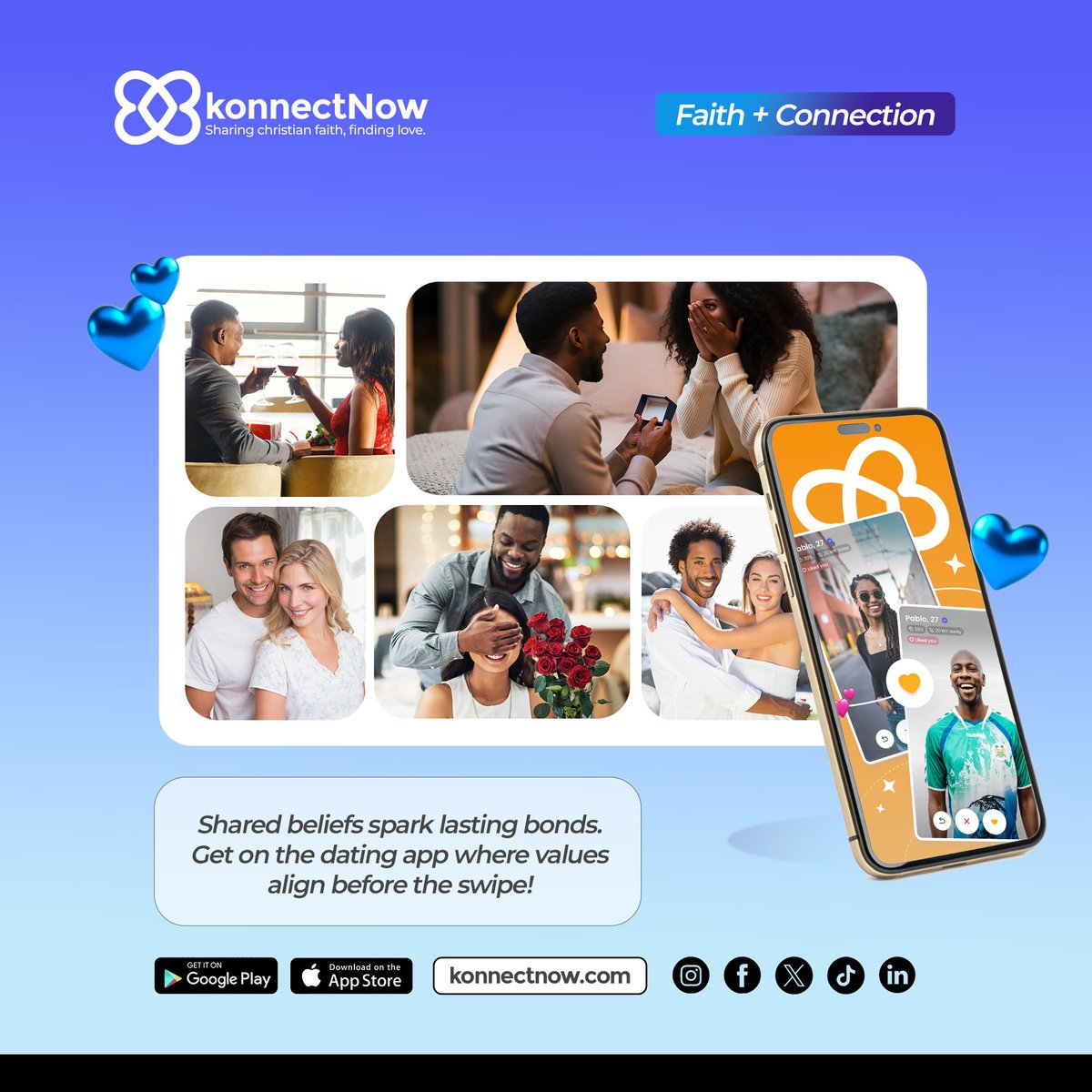 konnectnowapp's tweet image. Tired of swiping through profiles that don't align with your values? 🤔 Find your faith-based connection on konnectNow! Our dating app helps you build relationships that last.

Download now! Link in bio. 

#ChristianDating #FaithBasedDating #RelationshipGoals #konnectNow
