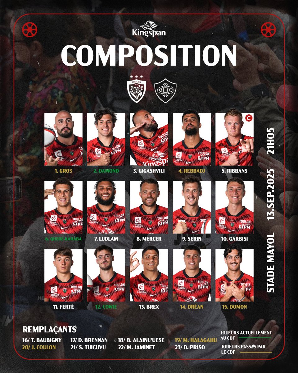 ⚔ 𝐋𝐀 𝐂𝐎𝐌𝐏𝐎 ⚔

2⃣ Damond titulaire
🆕 Ferté à l'aile
🔁 Rebbadj enchaîne

Notre partenaire #Kingspan vous présente les 2️⃣3️⃣ 🔴&amp;⚫ pour ce premier match de la saison 25-26 au Stade Mayol ! 

#ParceQueToulon #RCTCO