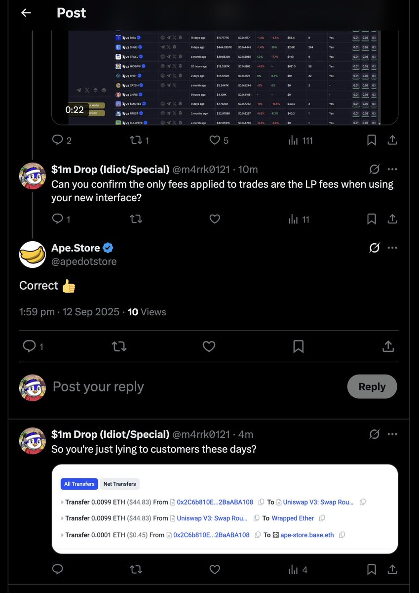 Not sure why anyone would use ape.store these days tbh.

V3 great. But they charge you 1% on top of the LP to trade via their site and this is how they make most of their money. This is on top of the 50% of the 1% LP fees they get from Uniswap V3.

Ohhh and they