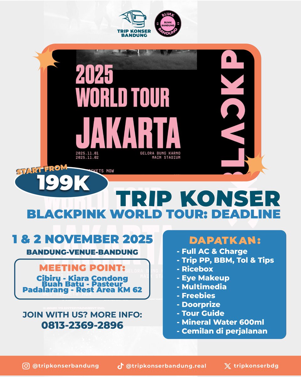 Open TRIP CONCERT BLACKPINK WORLD TOUR : DEADLINE
Bandung - GBK - Bandung
Collab With Blink Bandung

Blink yang mau cari temen barengan atau masih sendirian gas bareng tripkonserbdg aja! dapet temen sedaerah tanpa perlu pusing dan ribet! 🥰

Pendaftaran di bio 💗

Wts wtb trip