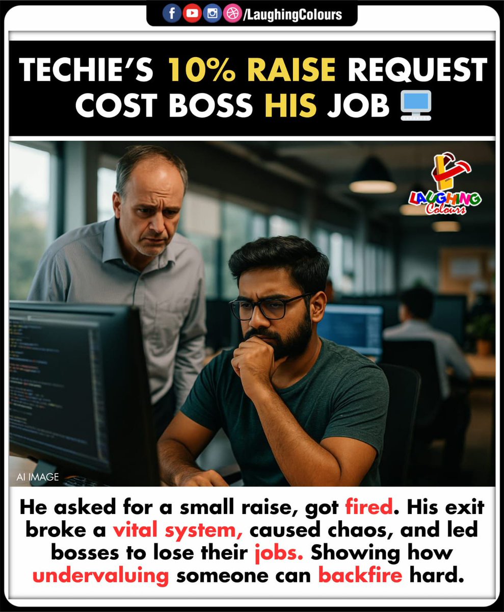 LaughingColours's tweet image. Techie’s raise backfires 💻

#WorkplaceDrama #TechieLife #SalaryHike #CorporateWorld #TrendingNews #OfficeBuzz