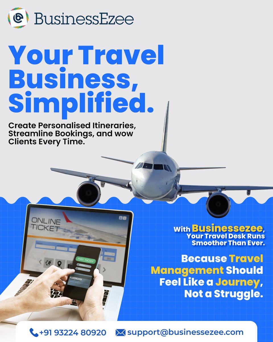 businessezee's tweet photo. 🌍 Simplify your travel business!
With BusinessEzee:
✔️ Easy itineraries
✔️ Streamlined bookings
✔️ Smooth travel desk ops
Because travel should be seamless, not stressful. ✈️

📞 +91 93224 80920 | ✉️ support@businessezee.com

#BusinessEzee #TravelSimplified #SmartTravel https://t.co/Kh7MQ7zfsV
