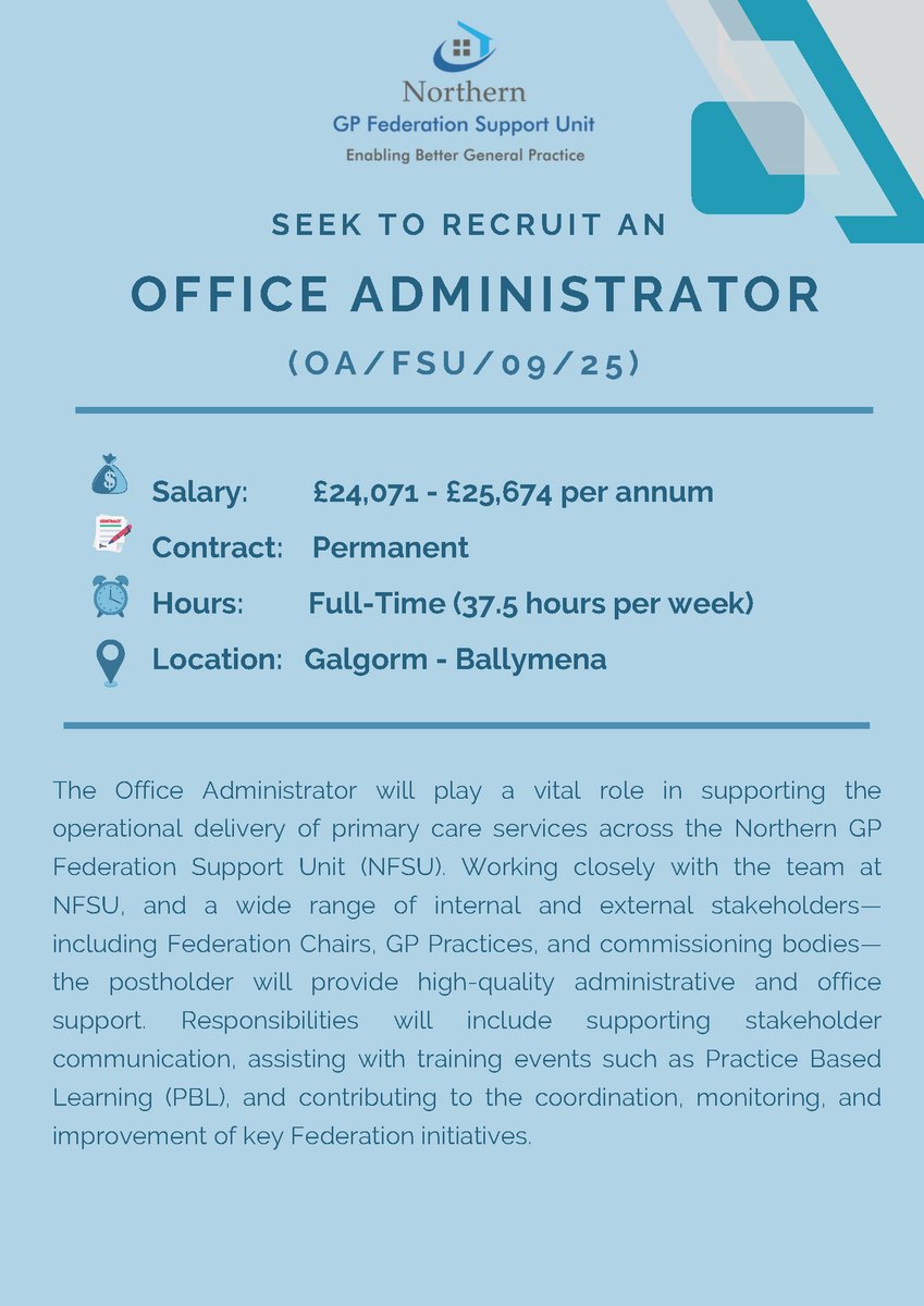 gp_northern's tweet image. 🚨 We’re Hiring – Office Administrator

The Northern Federation Support Unit is recruiting a full-time Office Administrator based in Galgorm, Ballymena.

👉 For full details and to apply, visit: northernfsu.co.uk/careers

Closing date: 26th September 2025