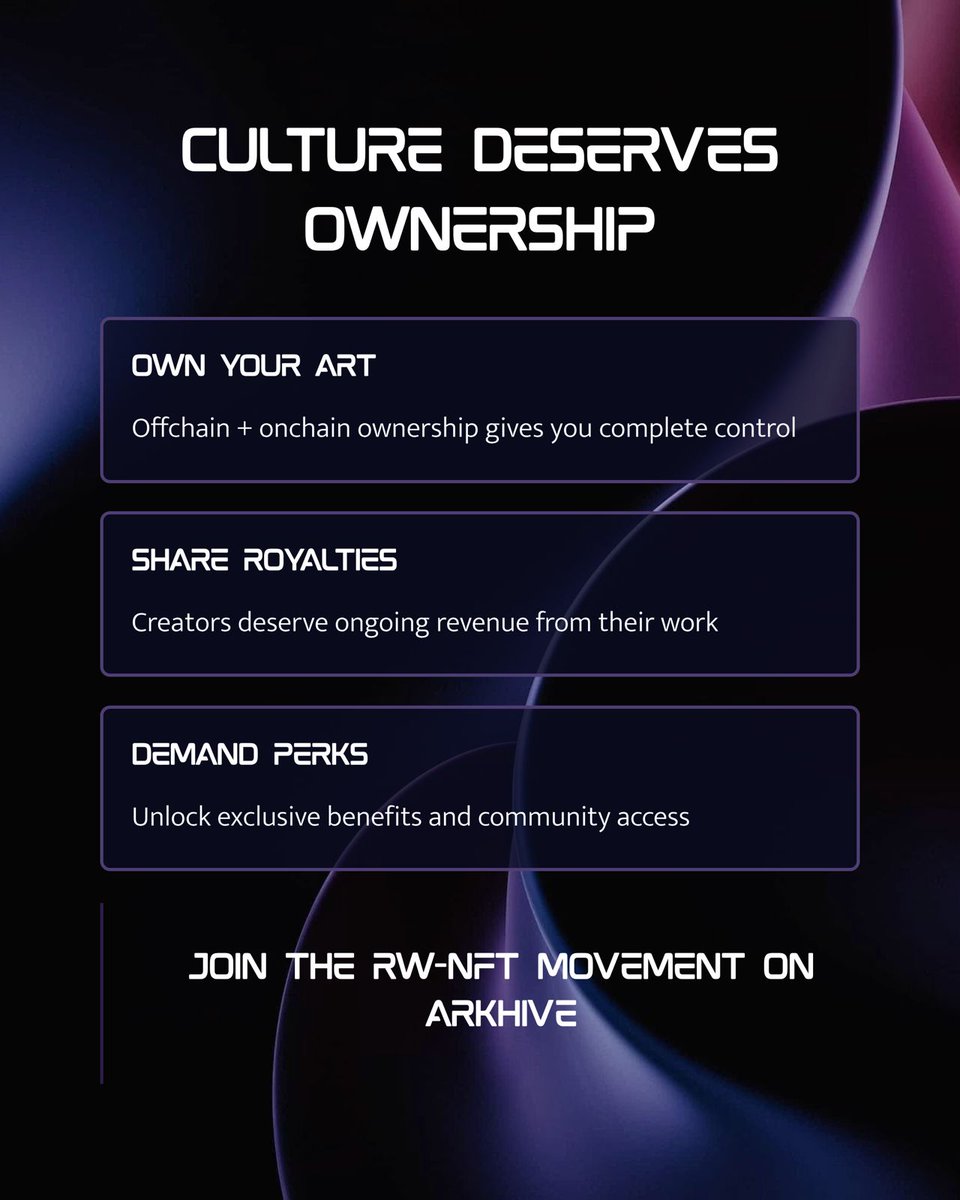 arkvnetwork's tweet photo. Culture deserves ownership. Own your artwork both offchain and onchain. Share the royalties. Demand perks. Join the RW-NFT Movement on ARKHIVE https://t.co/DhzlqV4Ogx 

#arts #artshare #NFTArt https://t.co/lanD80ctCa