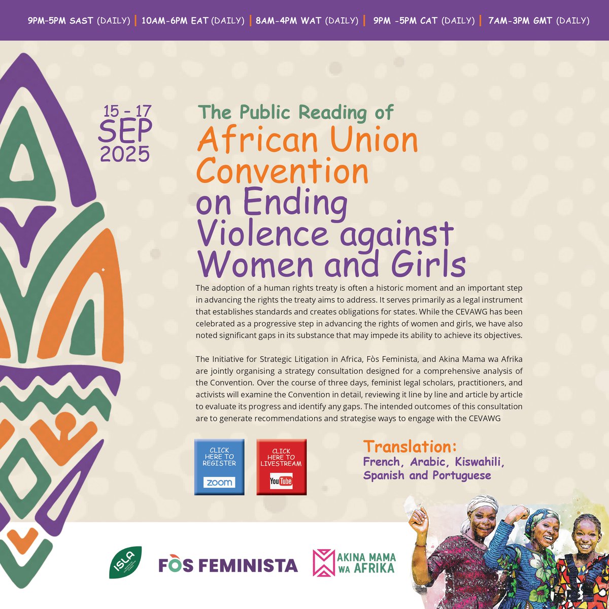 Join <a href="/Fos_Feminista/">Fòs Feminista</a>, <a href="/amwaafrika/">Akina Mama wa Afrika</a>, legal scholars, practitioners and activists from 15- 17 September 2025, to examine the AU convention on Ending Violence against Women and Girls. 

Register here: us06web.zoom.us/meeting/regist… 

#africanfeminists