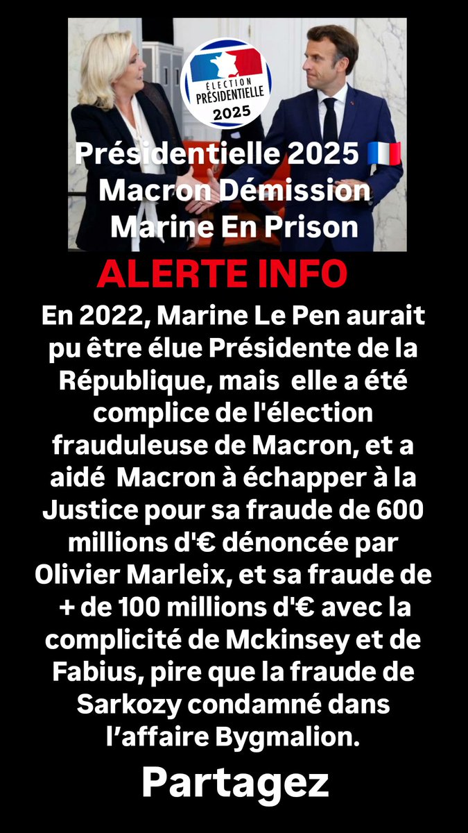 En 2022, Marine Le Pen aurait pu être élue Présidente de la République, mais, elle a aidé Macron à échapper à la Justice pour sa fraude de 600 millions d€ dénoncée par Olivier Marleix  #MacronDemission #McKinsey #Fabius #Sarkozy #presidentielle2025🇨🇵 #frantzgrava