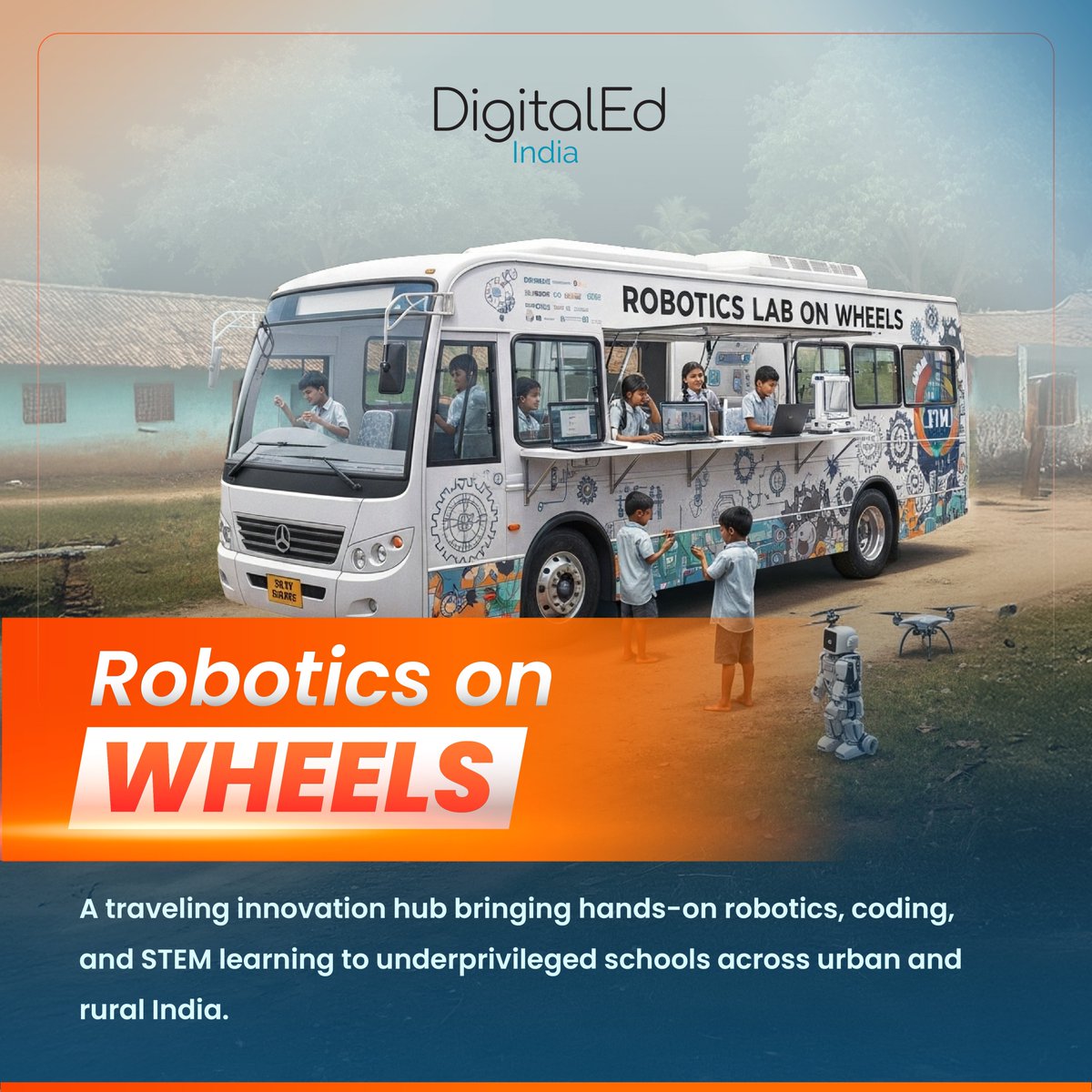 DigitalEdIndia's tweet image. MBD Group’s Robotics Lab on Wheels brings STEM, robotics &amp;amp; coding to underprivileged schools across India. 

24 interactive sessions, IoT &amp;amp; robotics kits, certified students. 
Goal: 1,000 schools, 1L students in 5 yrs! 

#STEMEducation #RoboticsForAll #DigitalLearning