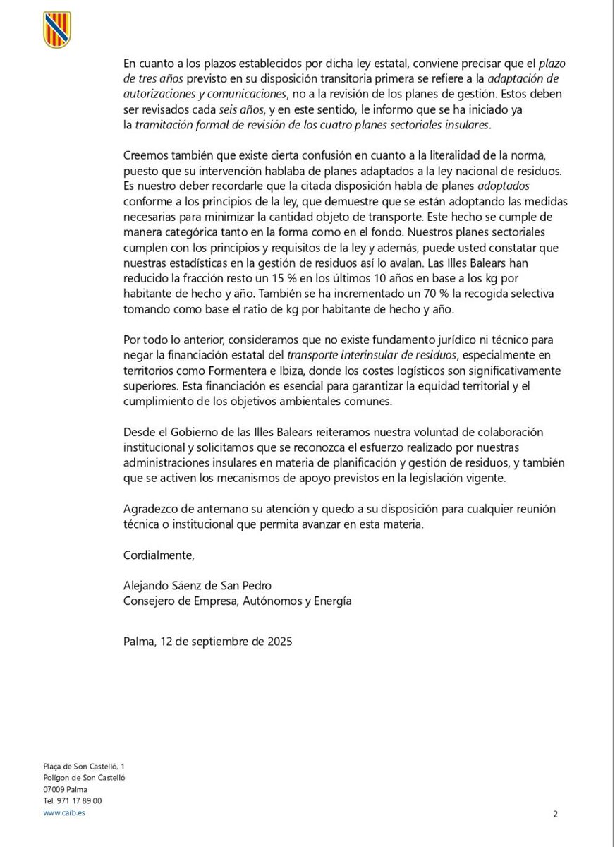 🗑️#IllesBalears SÍ té plans de gestió de residus

📍 Cada illa compta amb el seu Pla Director Sectorial vigent.

📚 La Llei de 2011 ja ho recollia, però les Balears no ho ha rebut.

📩 Enviam una carta a la ministra #SaraAagesen <a href="/mitecogob/">Transición Ecológica y Reto Demográfico</a> per denunciar la manca de fonament