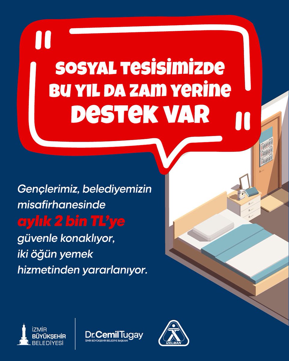 Üniversite öğrencilerimize sosyal tesisimizle kucak açıyoruz.

Gençlerimizin yaşadığı ekonomik zorlukların farkındayız; bu yüzden sosyal tesisimize bu yıl da zam yapmıyoruz.

Tesisimizde konaklamak için gencizmir.com üzerinden 19 Eylül'e kadar başvurunuzu oluşturmayı