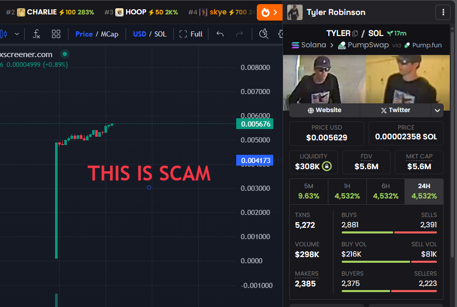 According to President Trump, the suspect in the Charlie Kirk assassination has been arrested.

It created a trend and formed a lot of memecoins at the same time many scammers took advantage of this opportunity.

This is real: 
$TYLER 
EADzYA7ub7LFbCMJEL7xjgkSvouUzzfE82VWDcJdpump