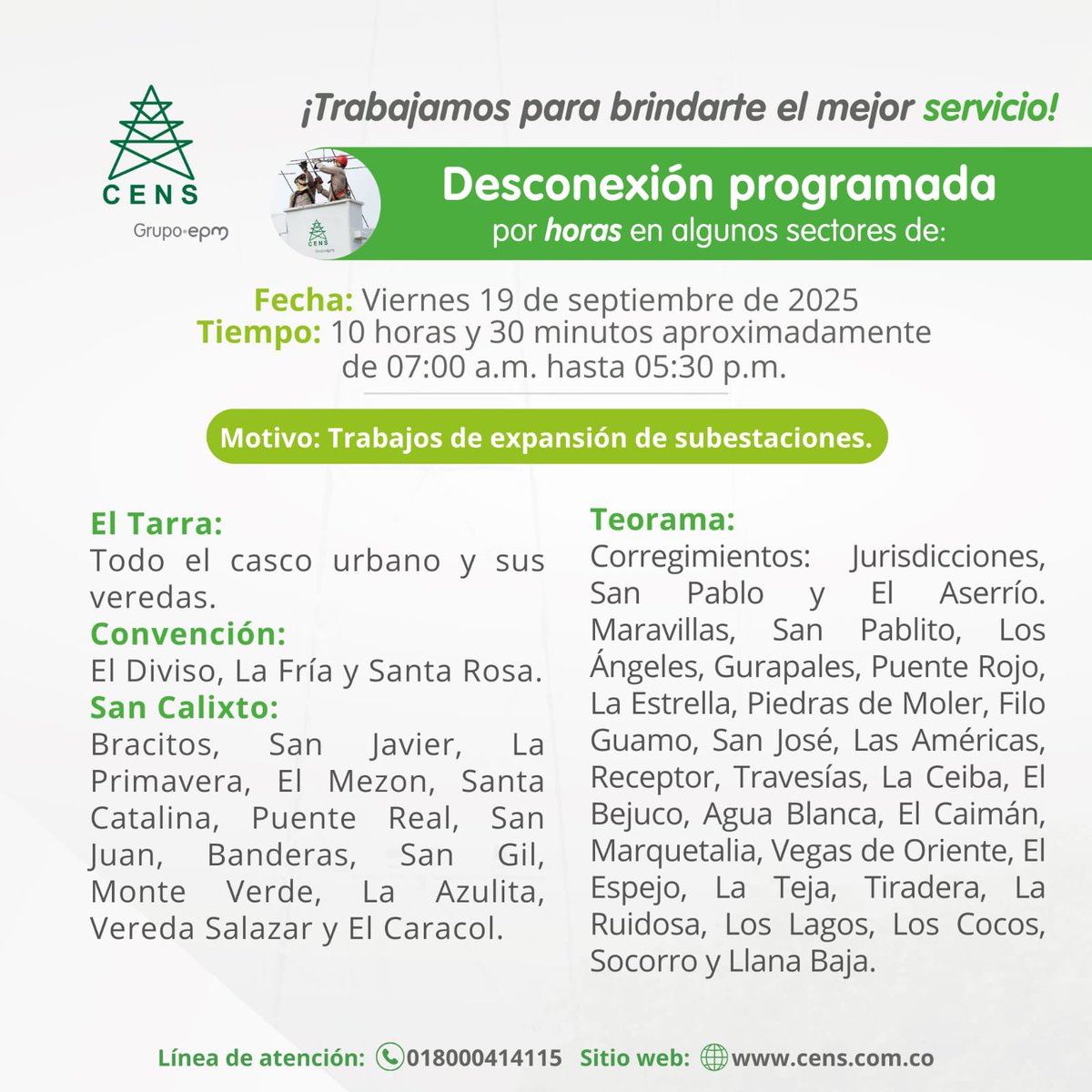 CENSGrupoEPM's tweet photo. 📣⚠️Información importante para usuarios de #ElTarra #Convención #SanCalixto #Teorama
El viernes 19 de septiembre se realizarán trabajos de expansión de subestaciones que requieren la interrupción del servicio en los siguientes horarios❗ https://t.co/0198gsSAFd
