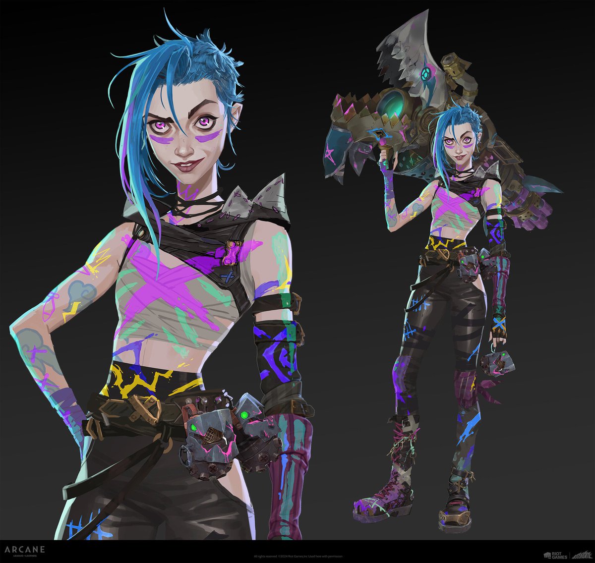 arcaneindetail's tweet photo. Arcane S2 Champion Jinx Final Design Concept Art by Jason Chan ✨️

"It represents the culmination of Jinx's character arc. She has cut off her hair (letting go/transforming) &amp; her war paint has elements that bring back elements of her child self, Powder." https://t.co/zFgbf3b50c