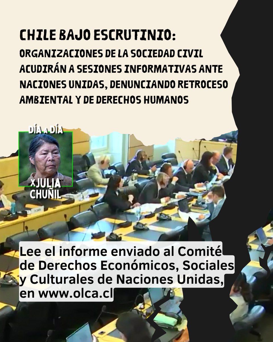 🇨🇱🔎Este 12 y 15 de septiembre, representantes del Espacio Día a Día por Julia Chuñil, presentan ante la ONU el informe enviado previamente al Comité de Derechos Económicos, Sociales y Culturales de Naciones Unidas. Lee más en nuestro sitio web
olca.cl/articulo/nota.…