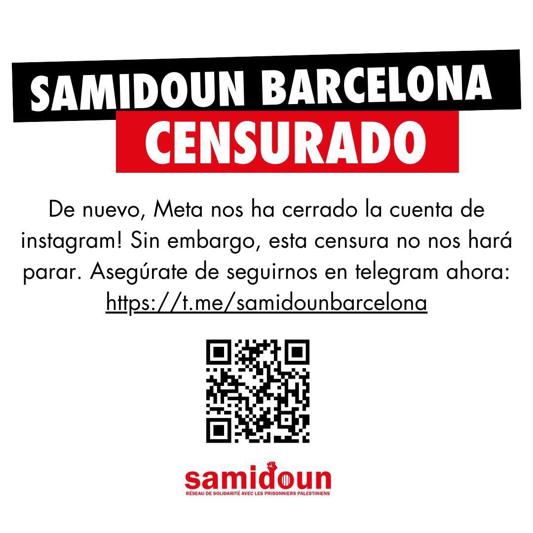 Movimiento Antirrepresivo De Madrid (@antirrepremad) on Twitter photo Contra los intentos de censura sionista, extendamos la lucha y la voz de la resistencia. Que no silencien la solidaridad.
Todo nuestro apoyo a <a href="/samidounspain/">Samidoun 🇵🇸 Red de Presxs Políticxs Palestinxs</a>
Canal 👉 t.me/samidounbarcel…
#boicotisrael Contra los intentos de censura sionista, extendamos la lucha y la voz de la resistencia. Que no silencien la solidaridad.
Todo nuestro apoyo a <a href="/samidounspain/">Samidoun 🇵🇸 Red de Presxs Políticxs Palestinxs</a>
Canal 👉 t.me/samidounbarcel…
#boicotisrael