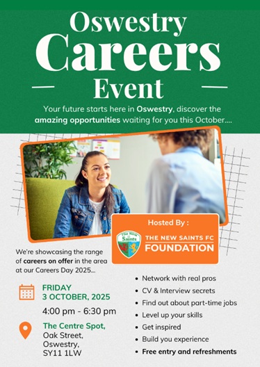 📣 OSWESTRY CAREERS EVENT 📣

Friday 3 October 4pm-6.30pm, The Centre, Oak Street

•Find local part-time jobs
•Craft a standout CV
•Ace your interviews
•Discover careers you never knew existed

#oswestry #community #jobs #career #jobsearch  #careergoals #work