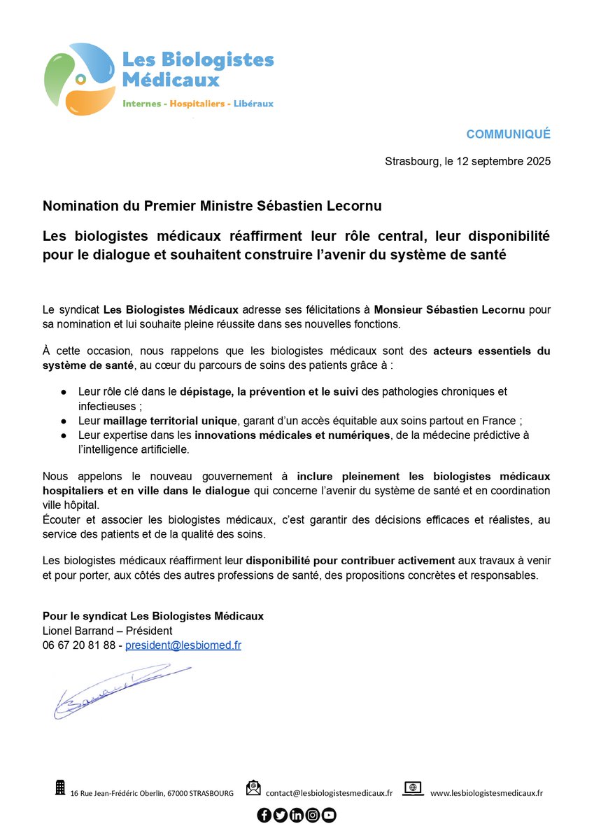 📣Félicitations à <a href="/SebLecornu/">Sébastien Lecornu</a> pour sa nomination !
🧪Les biologistes médicaux, maillon vital du parcours de soins
✅Dépistage &amp; prévention
✅Maillage territorial unique
✅Innovation &amp; numérique
🤝Prêts à construire l’avenir de la santé avec vous !
🔗urlr.me/6sB8uH