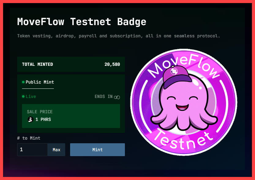 LacakCryptoo's tweet photo. 🚀 Exciting news! @pharos_network
MoveFlow Testnet Badges are now live 🎉
Create your badge today and unlock easy access to tokens, airdrops, payroll, and subscriptions – all within one protocol.
👉 Don't miss out — the #MoveFlow Testnet is live! 🐙✨ https://t.co/LWI6iBJk3X