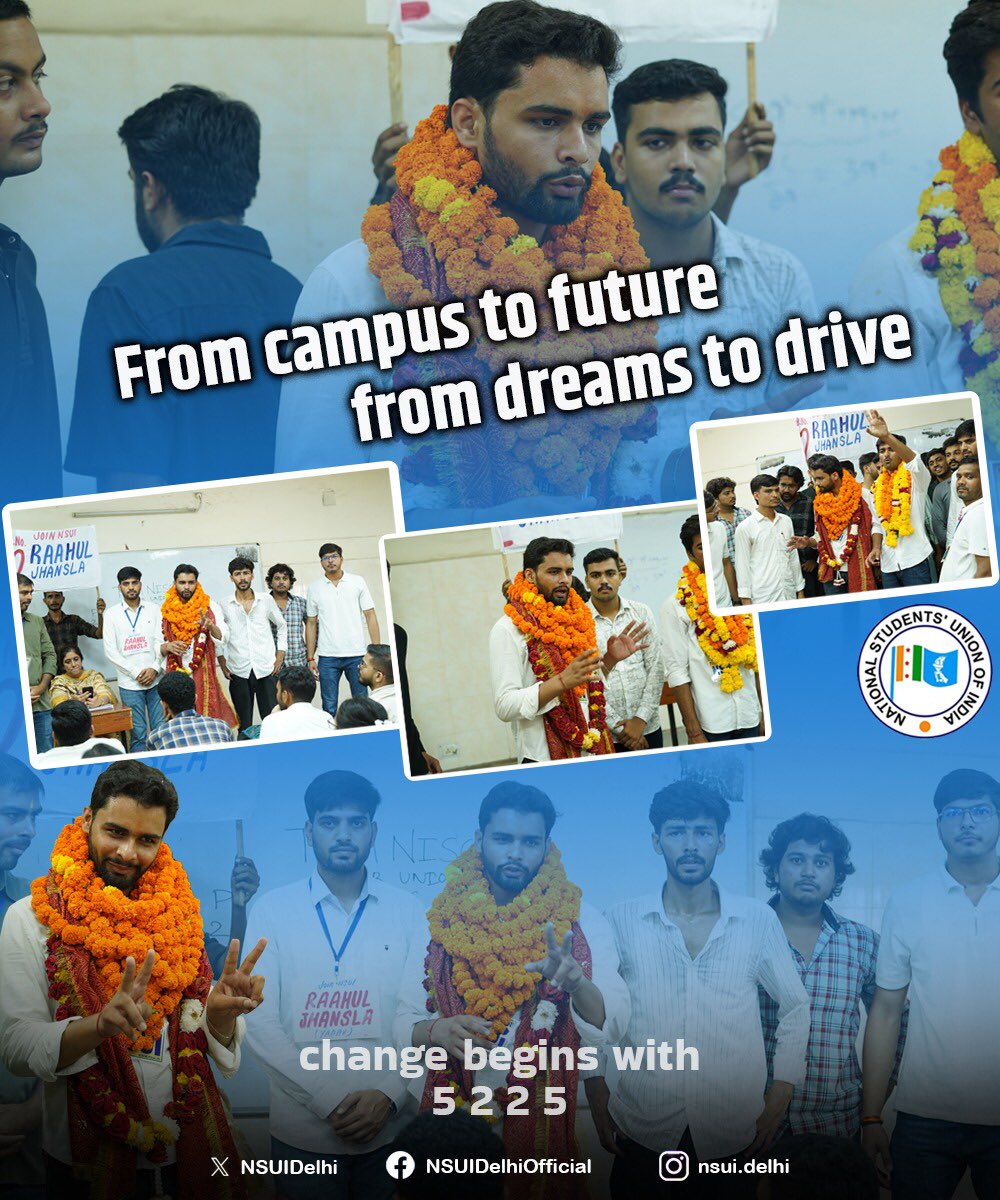 NSUIDelhi's tweet photo. From campus to future, from dreams to drive — the journey of students’ power is clear: change begins with 5️⃣2️⃣2️⃣5️⃣ ✊

NSUI Panel 5225:
5️⃣ Joslyn Nandita Choudhary – President
2️⃣ Rahul Jhansla – Vice President
2️⃣ Kabir – Secretary
5️⃣ Lavkush Bhadana – Joint Secretary

Together, we stand for equality, safety, and opportunities for every student of Delhi University.
This time, the voice is one — #HumBadlengeDU