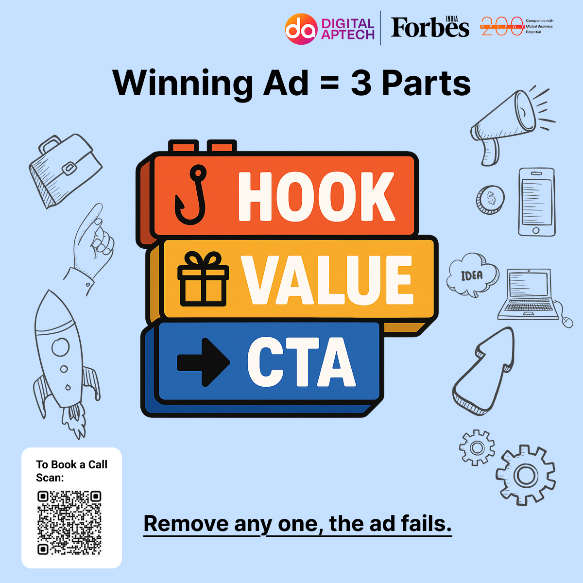 Want ads that win every time?
Just remember the 3-part formula:
Hook | Value |  CTA
That’s how Digital Aptech helps brands stand out.
Let’s Create Winning Ads Together.
#WinningAds #AdStrategy #DigitalAptech #HookValueCTA #DigitalMarketing #BrandGrowth #MarketingTips #AdSuccess