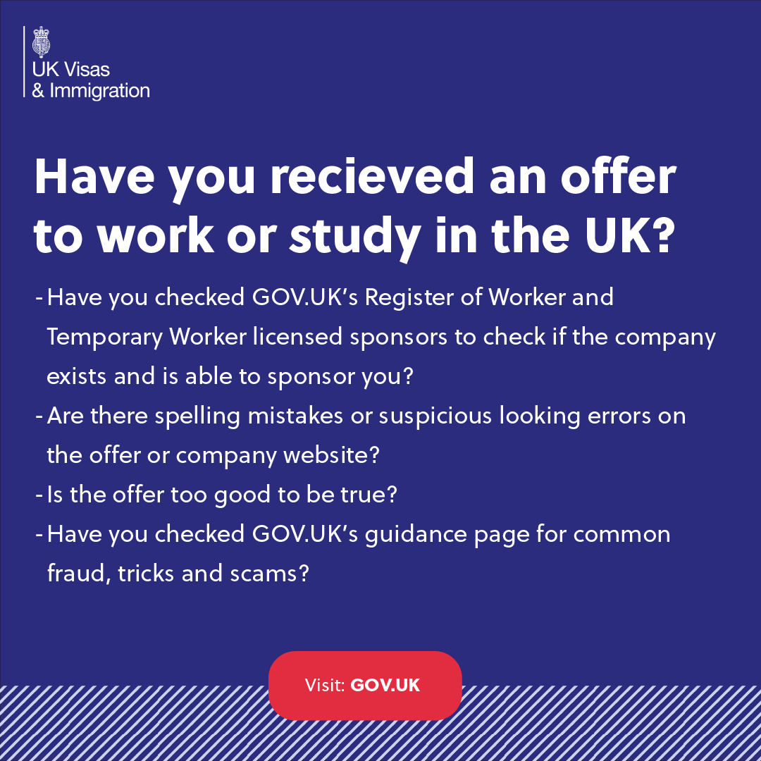 UKVIgovuk's tweet photo. When viewing your offer to work or study in the UK, you should check if itโs real. Please visit https://t.co/H3VKj9kFpr to read up on the common tricks that fraudsters will use against you. #DoNotFallForFraud https://t.co/yjO3voQgiT
