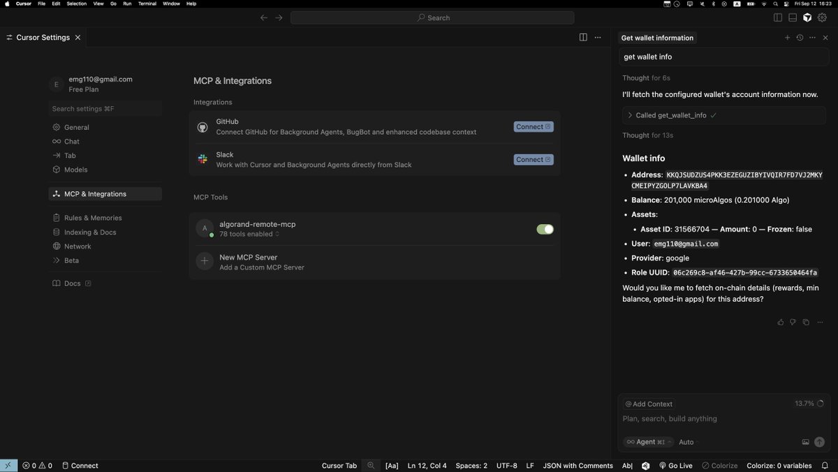 GoPlausible's tweet image. #Algorand Remote #MCP is 100% @cursor_ai ready!
Given Cursor's limitation of 40 tools for local MCPs , it is recommended to use Algorand Remote MCP (80 Tools) with @cursor_ai.
Many thanks to @LazystarDotAlgo for pointing out the Cursor limitation on Local MCP tools.🙏