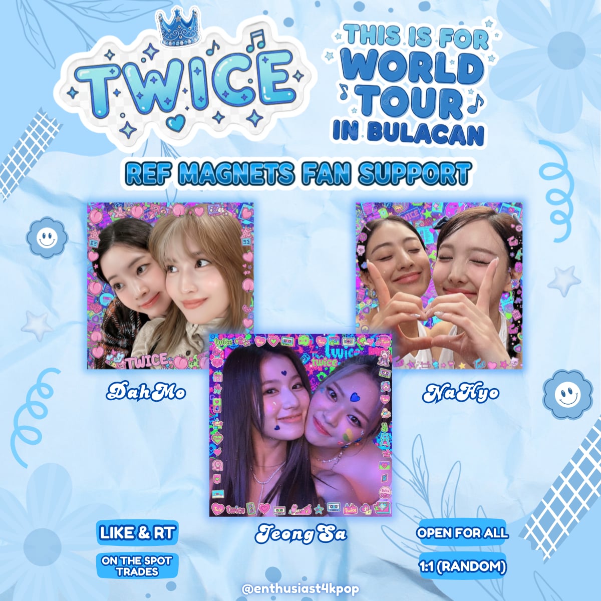 ˗ˏ` #TWICE Magnets Fan Support for &lt;This is for&gt; World Tour in Bulacan ´ˎ˗
fan support by <a href="/enthusiast4kpop/">꒰ঌ Angel 🫶🏻</a>

- retweet &amp; like! (no need to follow)
- strictly 1:1 only (random)
- see you <a href="/JYPETWICE/">TWICE</a> 💙

#THISISFOR
#THISISFORinBULACAN
#TWICE_THISISFOR_WORLD_TOUR