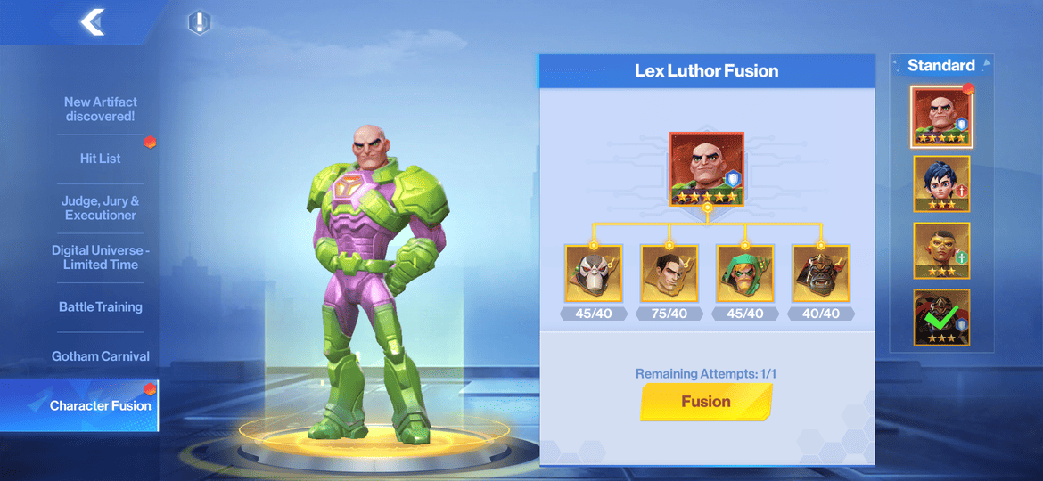 Finally saved up enough exchange pieces!
Lex Luthor is one of the strongest tanks, can’t wait to use him.

Not sure if I should line him up with Nightwing/Peacemaker, or just run one tank and put Wonder Woman up front

#DCWC  #DCWorldsCollide