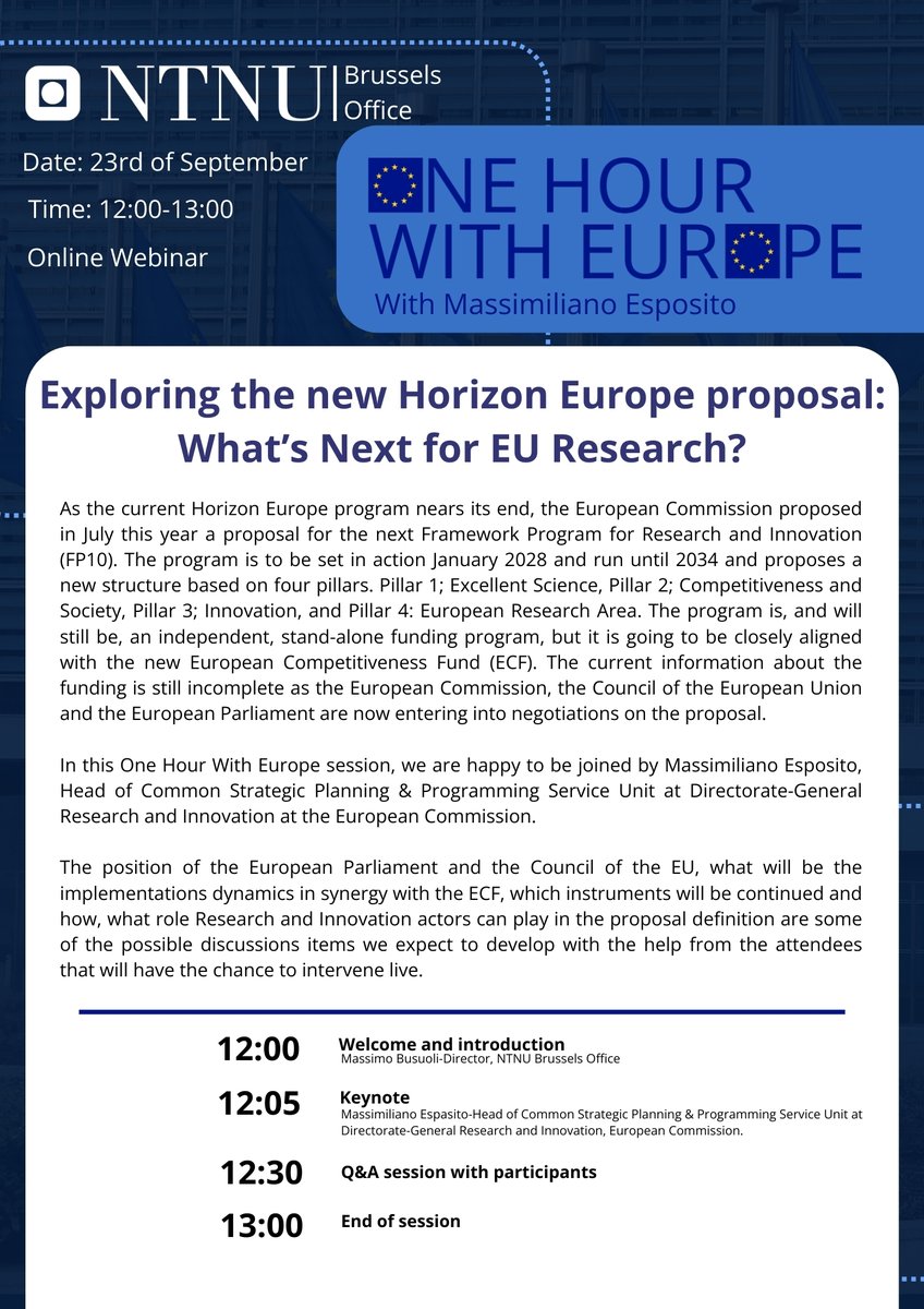 One Hour With Europe – 23 September, 12:00 CET! 

🔬We are thrilled to welcome Massimiliano Esposito, Head of Unit at DG RTD, to explore the new Horizon Europe proposal and to guide us through the future of EU research and innovation. 

⚡️Register now: forms.gle/6gMtnTprCSjaDf…