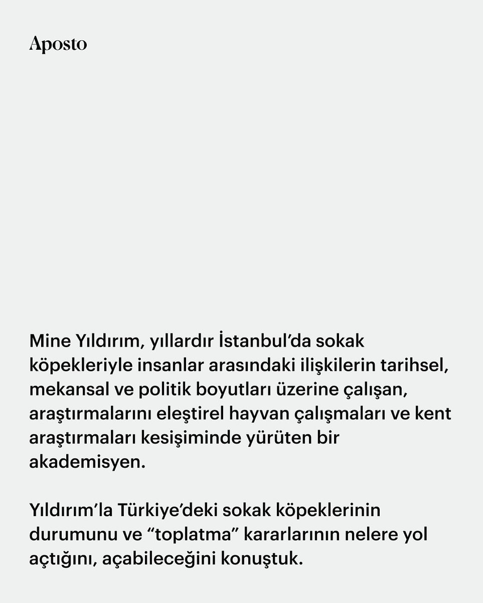 dortayaklisehir's tweet photo. @apostonews ‘dan @denizaytekin , Angst için akademik araştırmalar direktörümüz Mine Yıldırım @yildmine ile konuştu:
•
“Dört Ayaklı Şehir: Kent, Doğa, Hayvan Çalışmaları Derneği’nde akademik araştırmalar ve program direktörü olarak görev yapan akademisyen Mine Yıldırım’la Türkiye’deki sokak köpeklerinin durumunu ve ‘toplatma’ kararlarının nelere yol açtığını, açabileceğini konuştuk.”⁠
⁠
⁠
Röportajın tamamına bağlantıdan erişebilirsiniz: https://t.co/OQdrGUUuyU