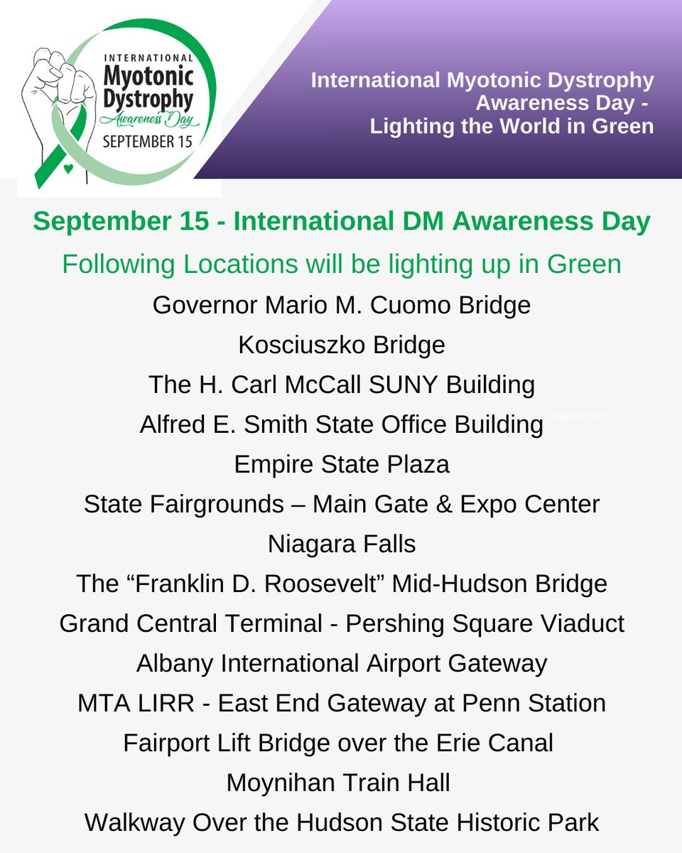 TheRNAInstitute's tweet photo. In honor of International Myotonic Dystrophy Awareness Day (Sept15), these buildings will be lighting up in Green. If you are near any of these buildings and happen to see them, please share a photo with us and/or share with us.
@MyotonicStrong #myotonicdystrophyawareness https://t.co/PB8tsVgsWd