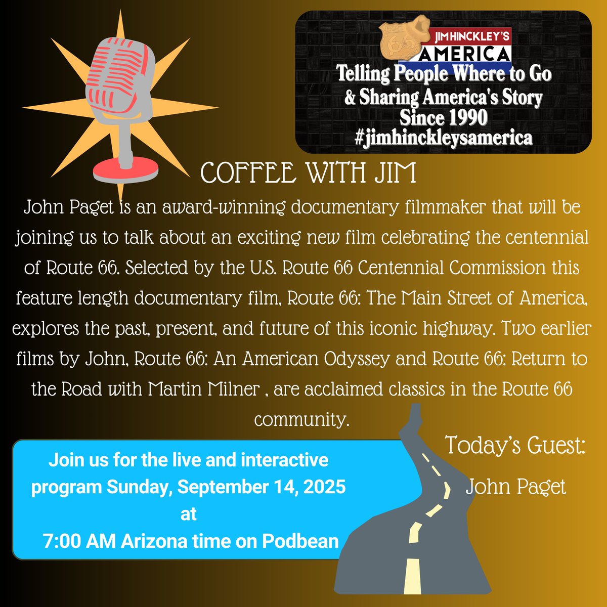 johnpaget's tweet image. I'll be on Jim Hinckley's America podcast  - listen in live on Sunday September 14th 7:00am PT. I'll be sharing some stories and updates about the Route 66 documentary.

podbean.com/lsw/zobEF85TV2…