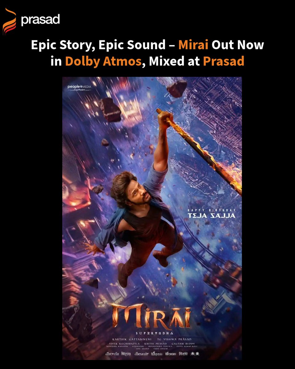 🎬 #Mirai hits theatres today! A cinematic adventure of history &amp; fantasy, directed by @karthik_gattamneni &amp; starring <a href="/tejasajja123/">Teja Sajja</a>, @manojkmanchu &amp; @shriya_saran1109.

✨ Experience every beat in Dolby Atmos, mixed at #prasadfilmlabs.

#DolbyAtmos #postproductionservices